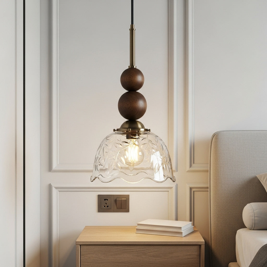 Wood Bead Filigree Glass Pendant Light