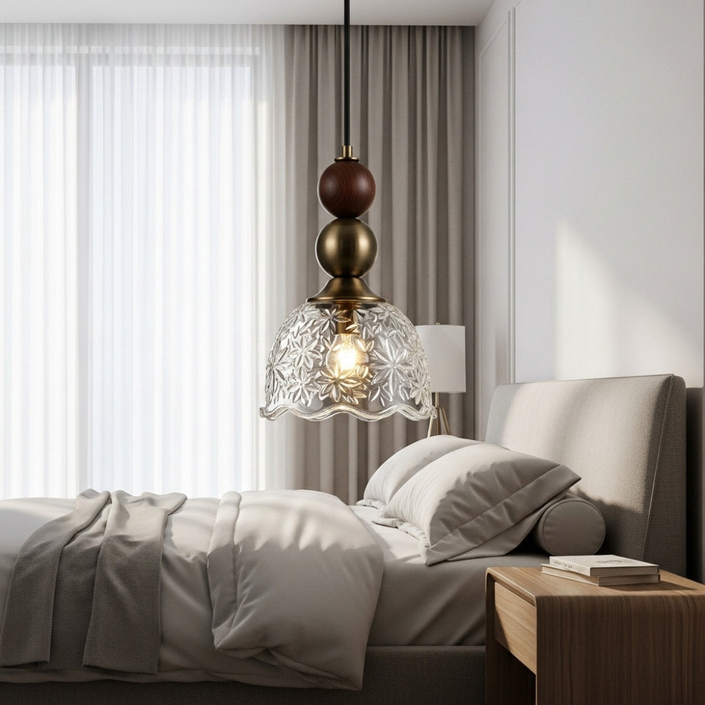 Wood Bead Filigree Glass Pendant Light