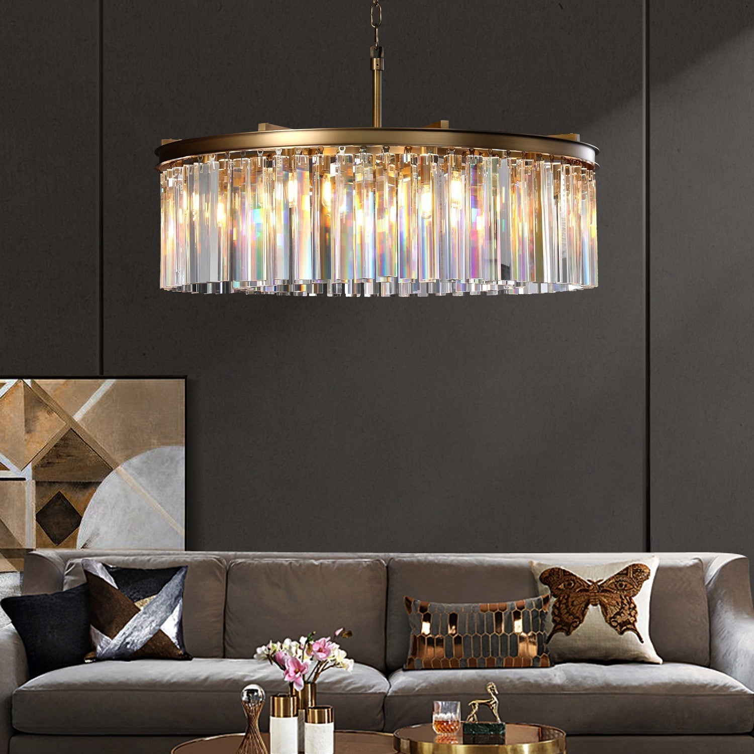1920s Odeon Crystal Round Chandelier Brass Lighting 32"/43" Home Decor Light Fixtures