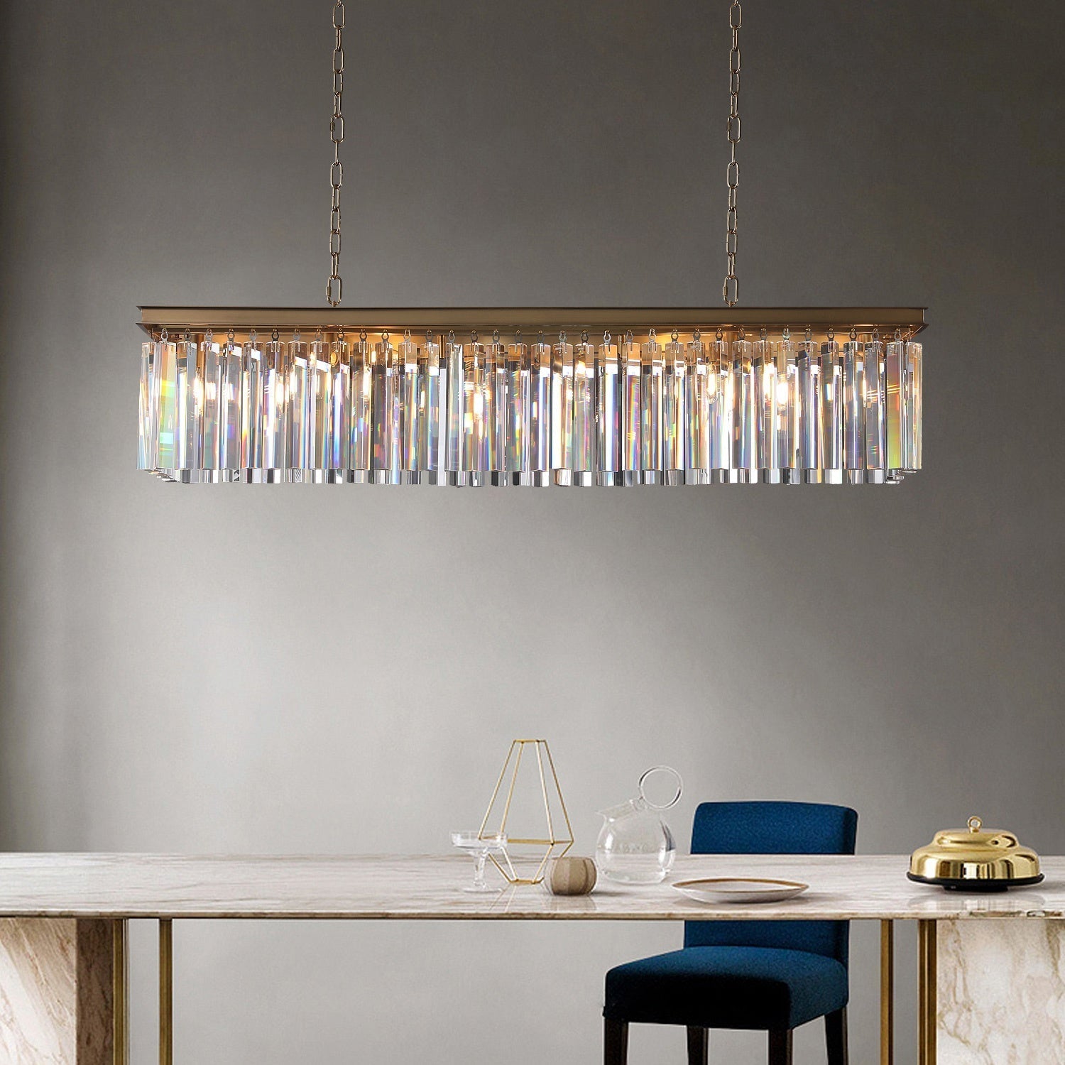 1920s Odeon Crystal Island Linear Chandelier Lighting Brass 49"/59"