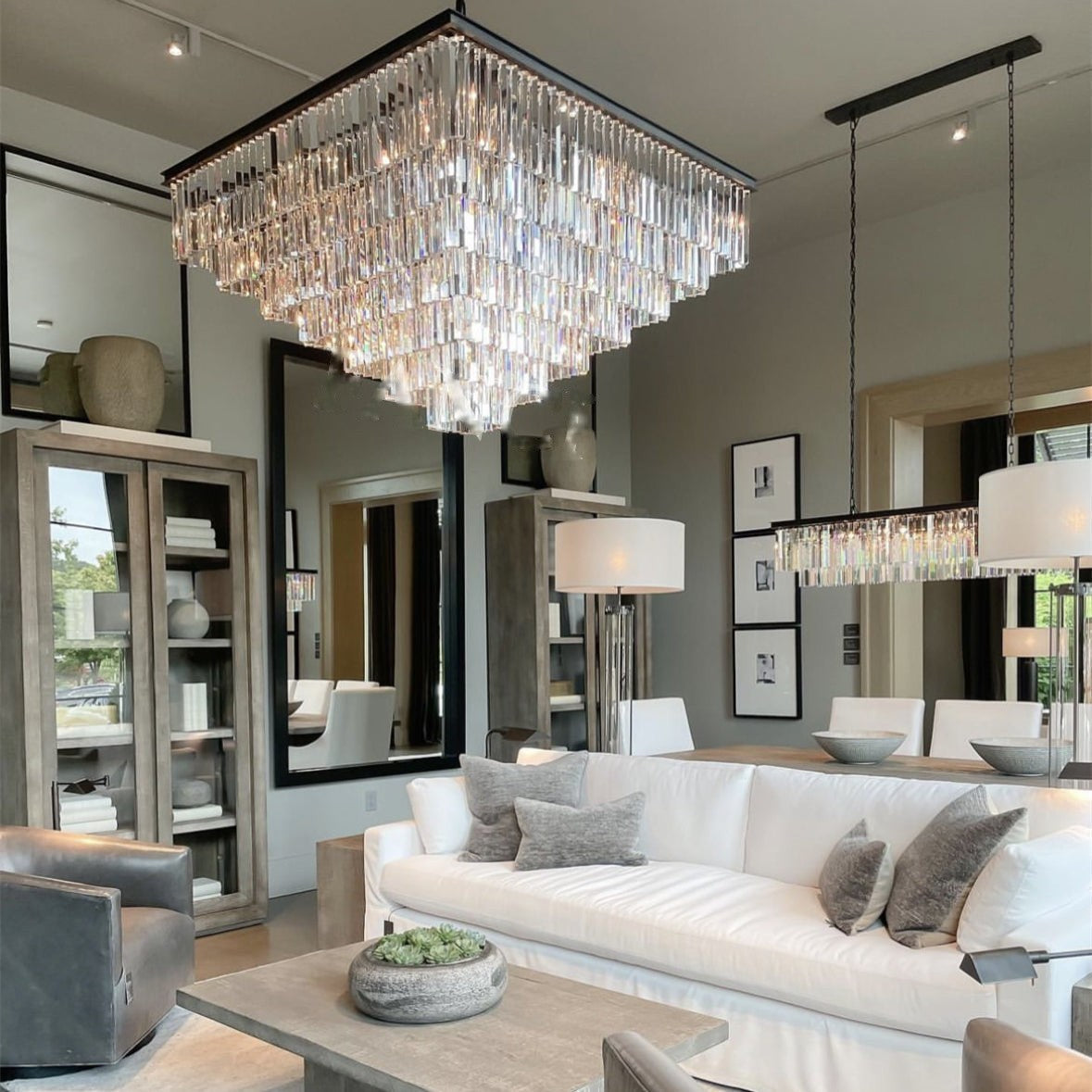 1920s Odeon Multi-Tier Crystal Square 47" Chandelier lighting For LivingRoom