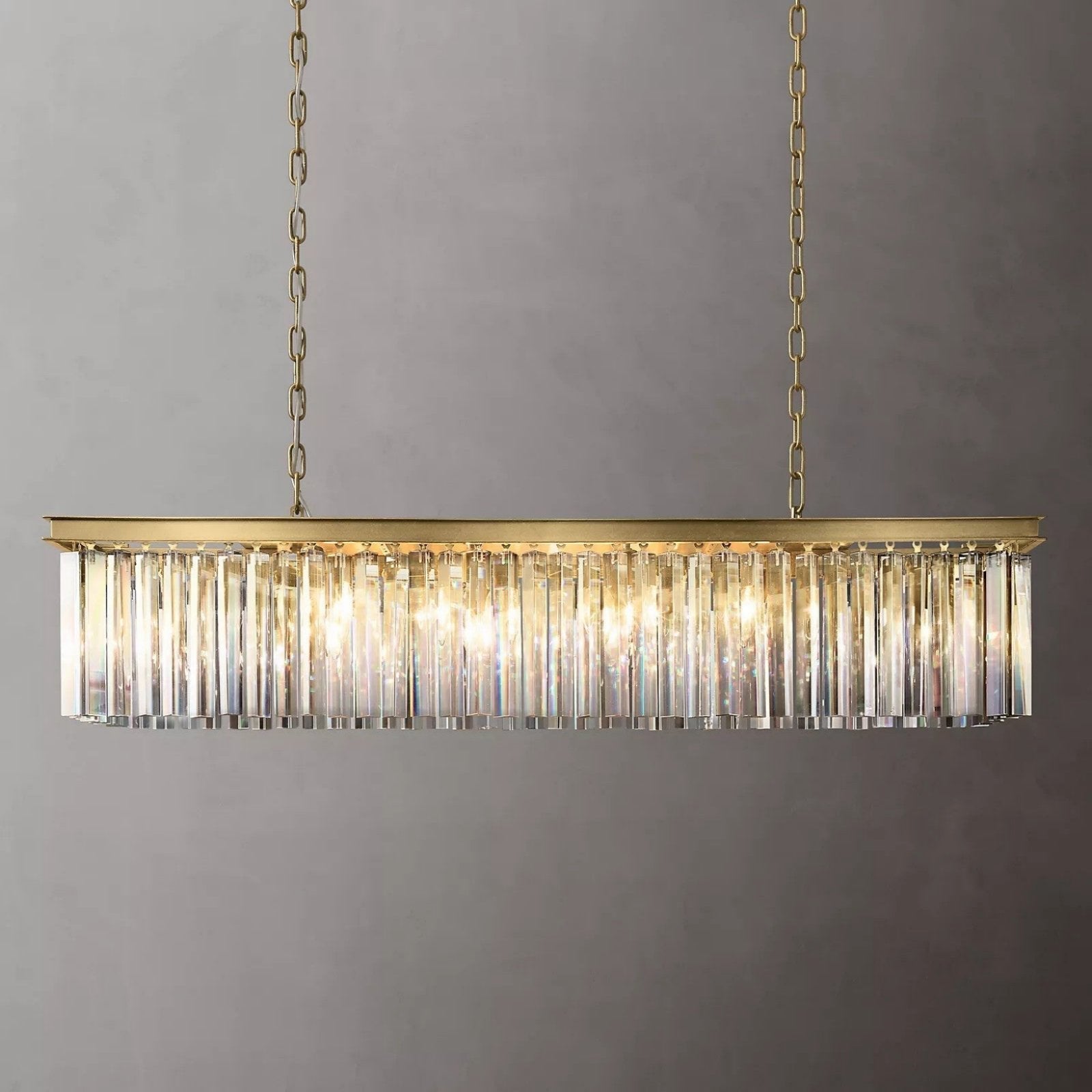 1920s Odeon Crystal Island Linear Chandelier Lighting Brass 49"/59"