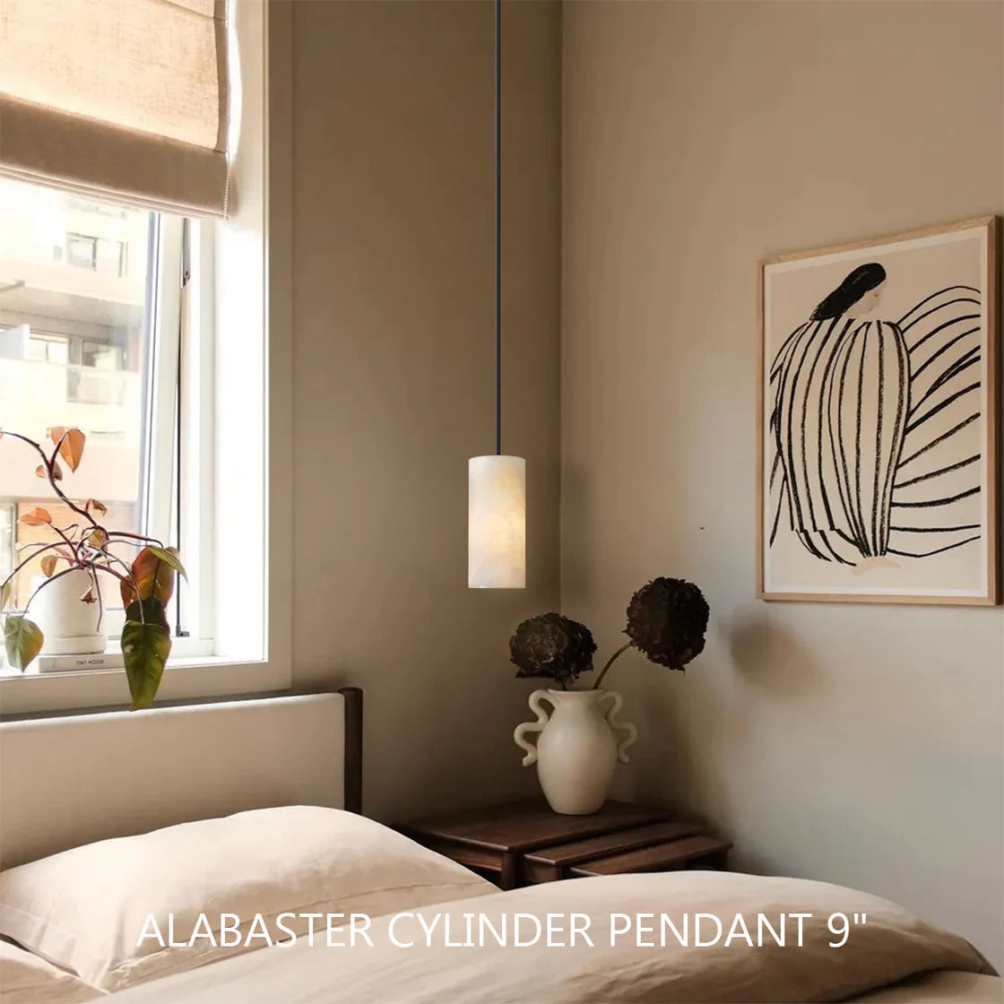 Hand Carved Alabaster Cylinder Pendant Light Modern