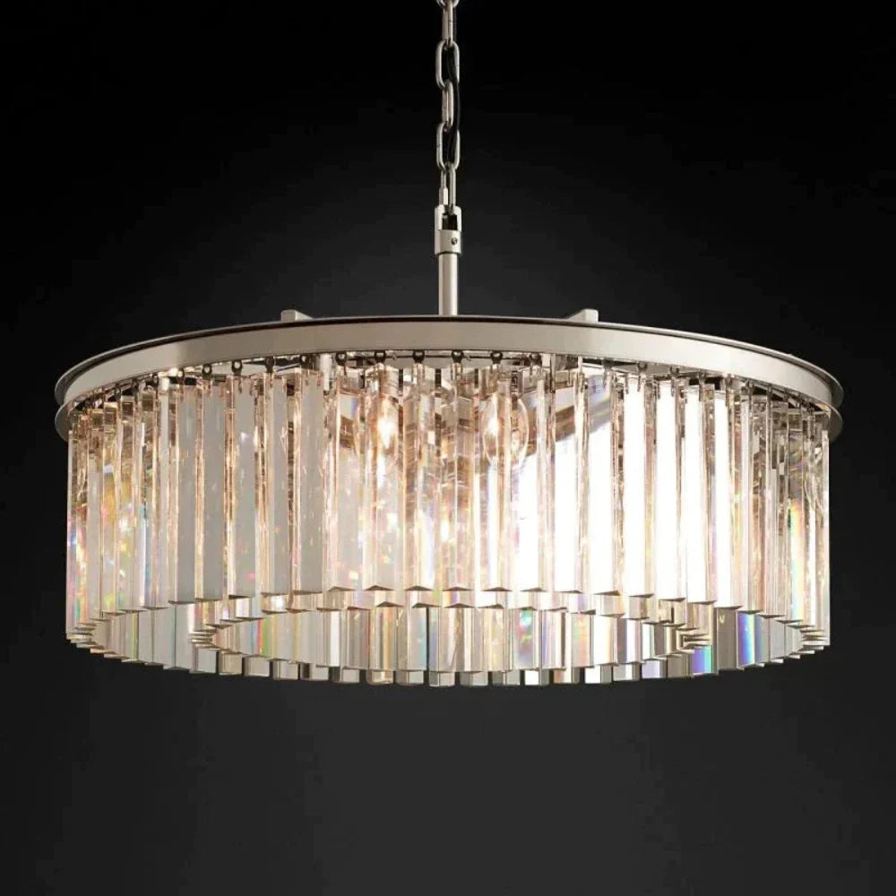 1920s Odeon Crystal Round Chandelier Lighting Polished Nickel 32"/43"