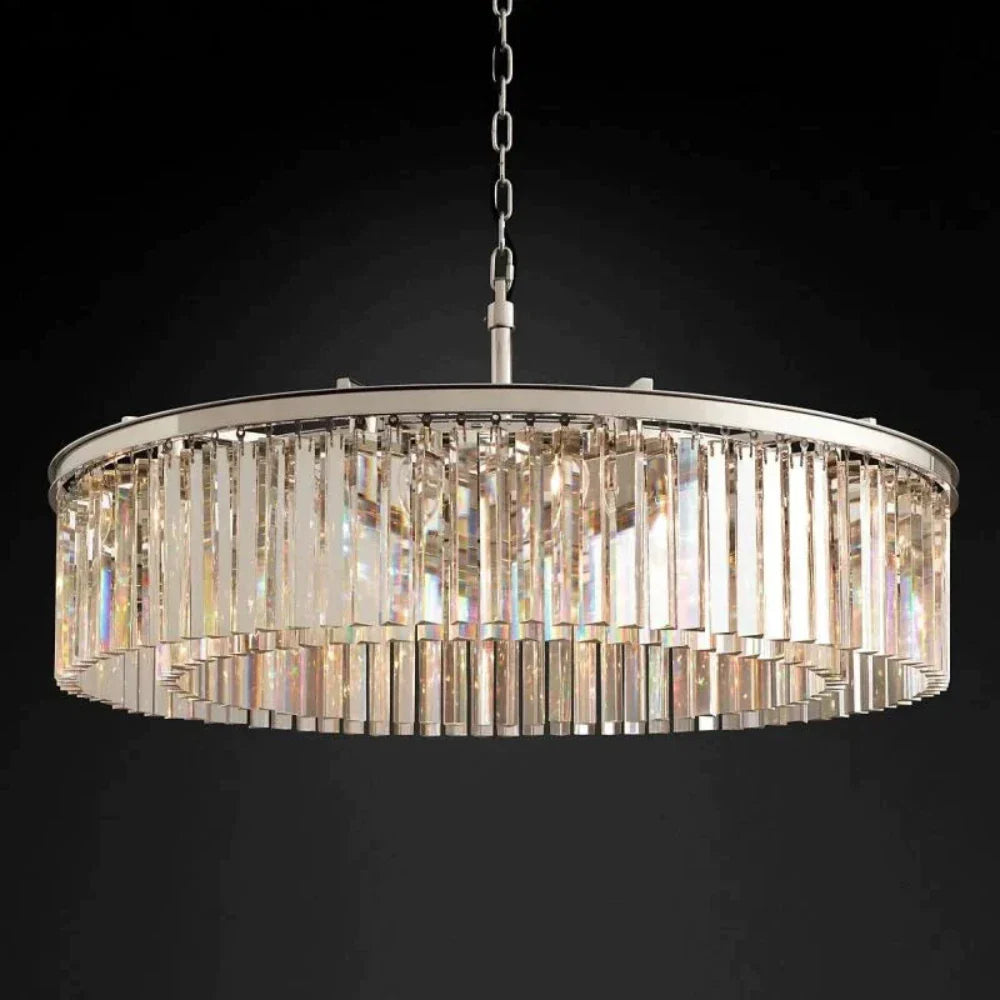1920s Odeon Crystal Round Chandelier Lighting Polished Nickel 32"/43"