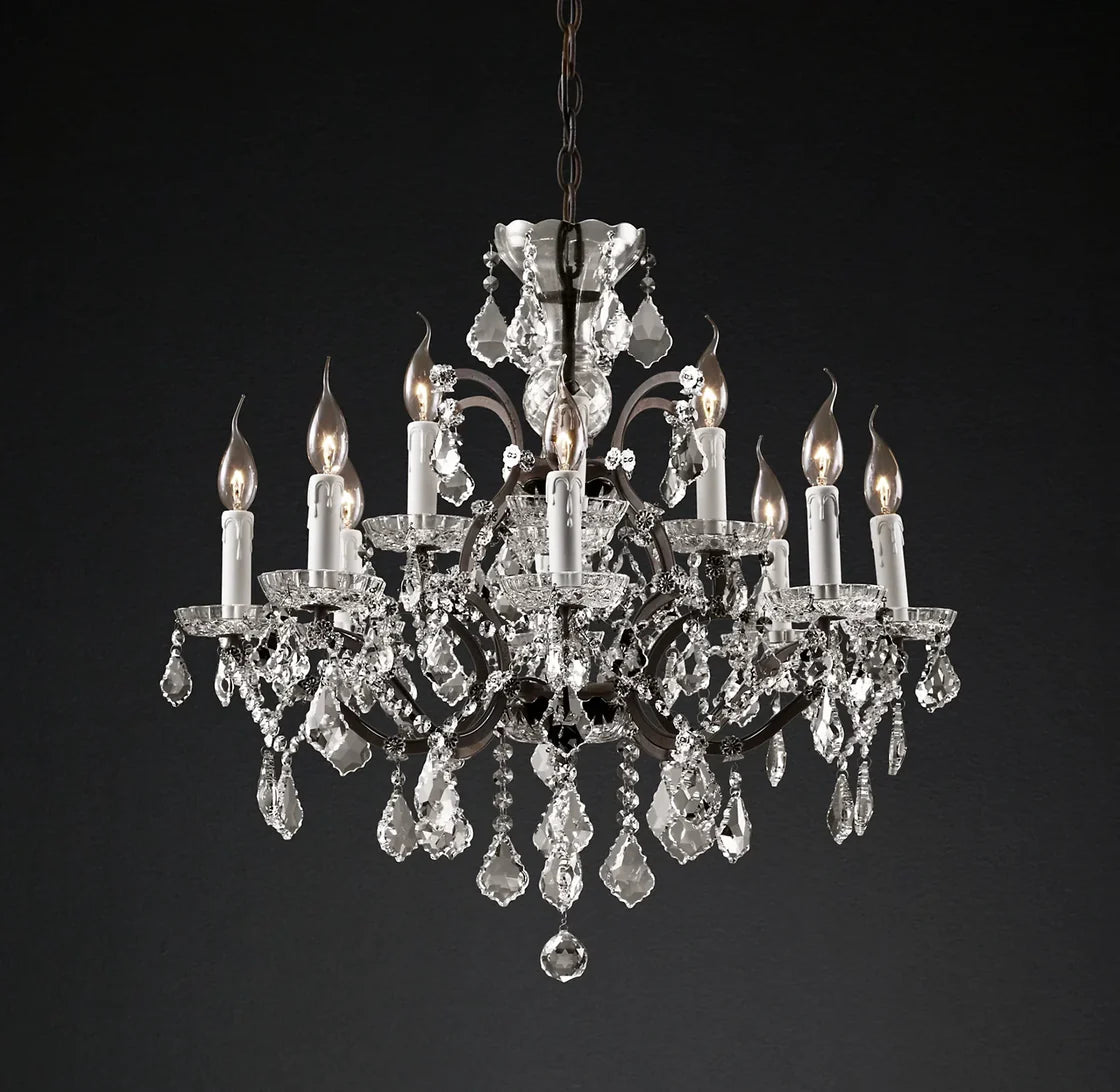 Rococo Iron Crystal Round Chandelier Light 28" Vintage