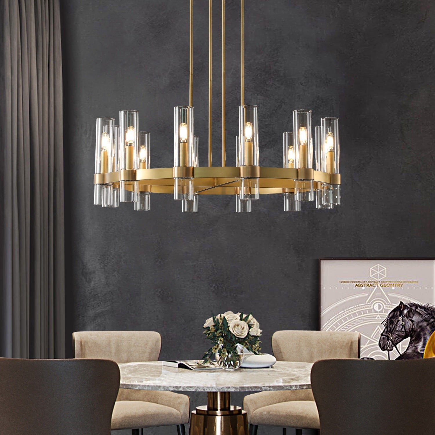 Ravelle Minimalist Glass Round Chandelier Lighting 30" for Living Room